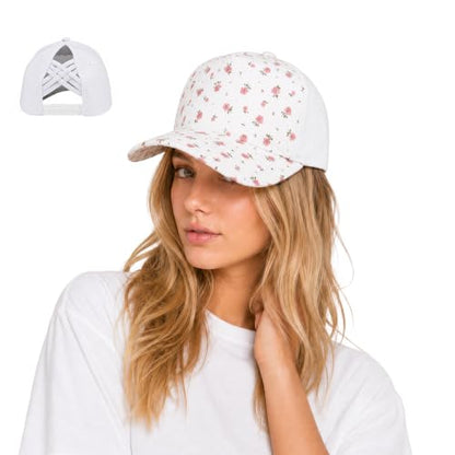 C.C Women's Criss-Cross Ponytail Trucker Hat - Snapback, One Size - color: Ditsy Flower-white