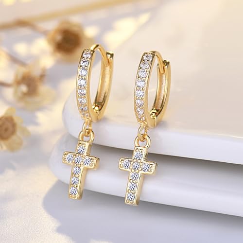 Cross Dangle Hoop Earrings for Women with CZ Stones - color: Gold