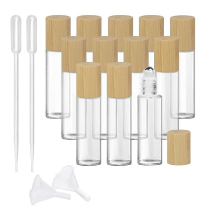 Glass Roll On Bottle with Bamboo Lid for Essential Oils 12Pcs - color: 12Pcs 15ml Clear