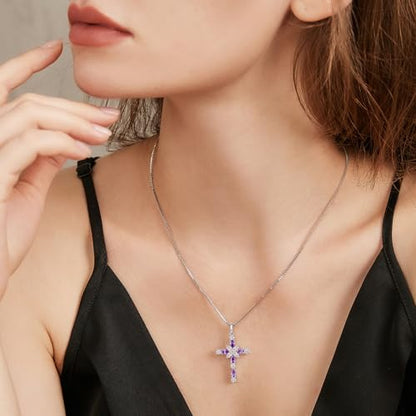 925 Sterling Silver Cross Necklace for Women，Birthday Delicate Star Cross Necklace Jewelry Gifts for Women，Birthstone Religious Jewelry for Mom, Chain 18 inch - color: B. 2. Purple-February-Amethyst