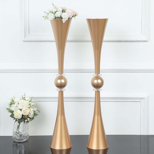 Efavormart 2 Pack | 31" Gold Crystal Embellishment Trumpet Table Centerpiece, Reversible Plastic Flower Vase - color: Gold, size: 31"