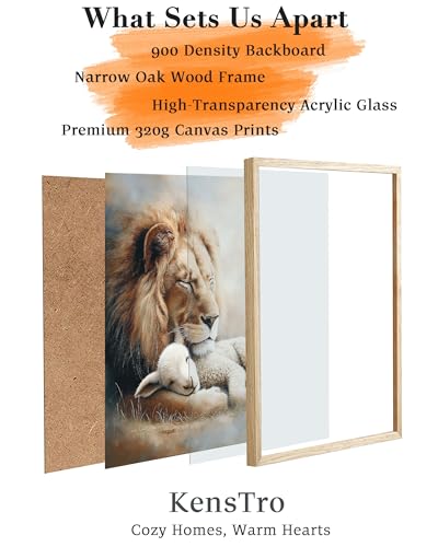 KensTro 12x16 Oak Framed Lion and Lamb Christian Wall Art - color: Lion and Lamb Peaceful-Framed, size: 16"L x 12"W