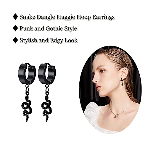 Unisex Punk Hip Hop Stainless Steel Silver Black Gold Tone Lock Thunder Lightning Bolt Dangle Huggie Hoop Earrings Gift for Women Men Boy Teens - color: Black-Snake