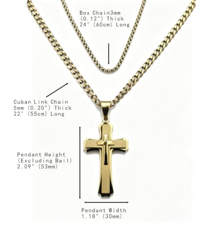 Men's Layered Cross Pendant Necklace, 2.1x1.2 inch Religious Charm, 21.6" 5mm Stainless Steel Cuban Chain, 18K Gold & Black Plated, Bonus 23.6" Square Pearl Chain, Marble Gift Box for Dad - color: Gold