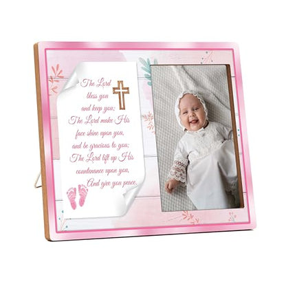 Baptism Frame for Girl - The Lord Bless You Picture Frame, Pink Baby Dedication Photo Gift, Christening Favor -A07