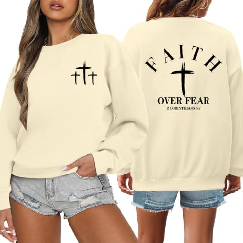 Christian Sweatshirts for Women Jesus Cross Casual Tops - color: Apricot, size: Large