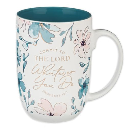 Christian Art Gifts Large Ceramic Coffee & Tea Scripture Mug for Women - color: Teal & Pink Floral/Commit to the Lord