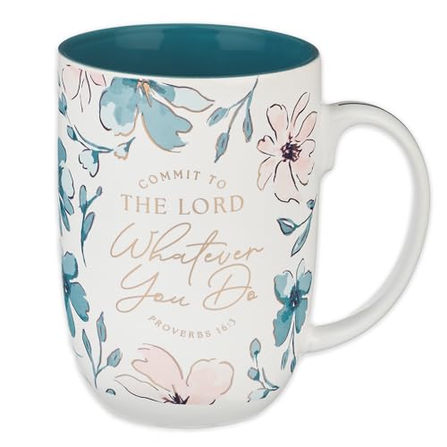 Christian Art Gifts Large Ceramic Coffee & Tea Scripture Mug for Women - color: Teal & Pink Floral/Commit to the Lord