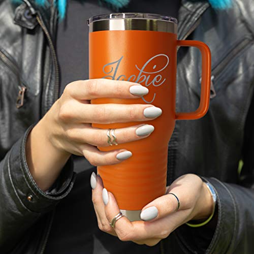 The Wedding Party Store Custom Personalized 20 oz Stainless Steel Powder Coated Vacuum Insulated Double Walled Travel Tumbler Coffee Mug with Handle and Lid (Orange) - color: Orange