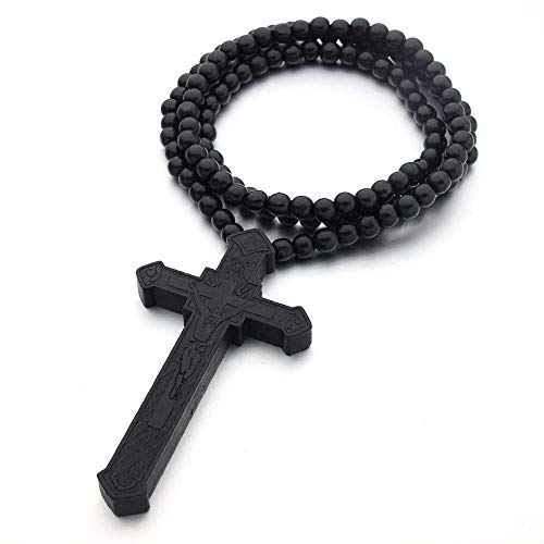 Wooden Cross Necklace For Men Beads Rosary Long Large Natural Wood Jesus Crucifix Cross Pendant Necklace 36inch Chain Religious Christian Prayer Faith Baptism Easter Handmade Jewelry - color: Black