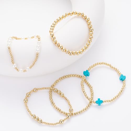 Gold Beaded Pearl Cross Bracelets Stackable Christian Stretch Jewelry Set - color: Turquoise Blu