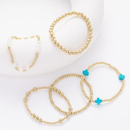Gold Beaded Pearl Cross Bracelets Stackable Christian Stretch Jewelry Set - color: Turquoise Blu