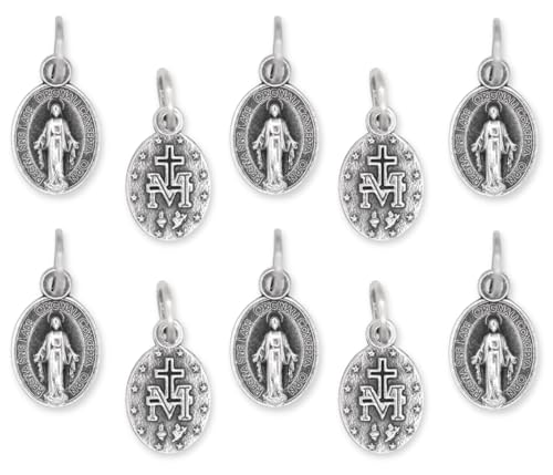Caritas et Fides Pack of 10 - Mini Miraculous Medal Pendant for Charm Bracelet -1/2 Inch Silver Oxidized Small Latin Miraculous Medals for Jewelry Making Catholic - Made in Italy