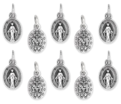Caritas et Fides Pack of 10 - Mini Miraculous Medal Pendant for Charm Bracelet -1/2 Inch Silver Oxidized Small Latin Miraculous Medals for Jewelry Making Catholic - Made in Italy