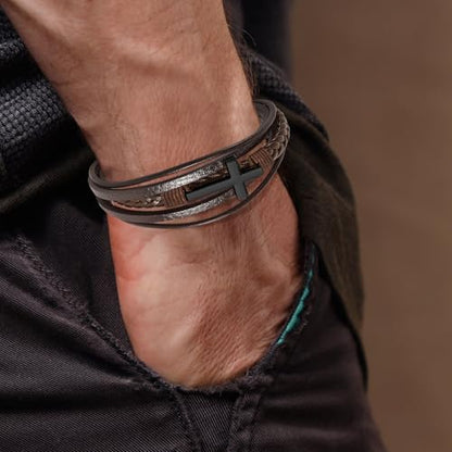 Leather Bracelet for Men Braided Stainless Steel Mens Bracelets - color: Brown-BlackCross