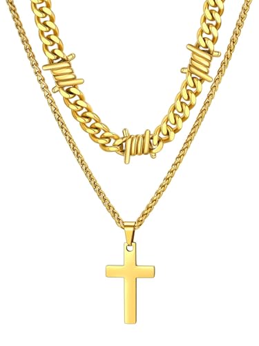 ChainsHouse Mens Cross Necklace Stainless Steel Layered Chain Cross Pendant - color: Gold