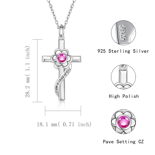 I am a Child of God Necklace - 925 Sterling Silver Birthstone Flower Cross Pendant Religious Jewelry Baptism First Communion Confirmation Gifts for Girls - style: Jul