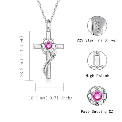 I am a Child of God Necklace - 925 Sterling Silver Birthstone Flower Cross Pendant Religious Jewelry Baptism First Communion Confirmation Gifts for Girls - style: Jul