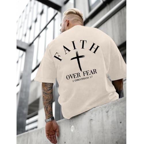 Christian Faith Over Fear Shirt for Men Cross God Oversized T-Shirt Inspirational Jesus Religious Short Sleeve Tops - color: Khaki, size: Large