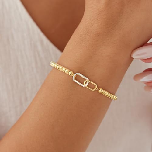 Beaded Bracelets for Women 14K Silver Gold Plated Stretch Handmade Ball Bracelets Cute Charm Bracelet Dainty Stackable Cross Heart Bow Wave CZ Circle Trendy Jewelry Easter Gifts - color: Gold-6