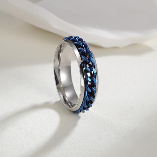 Mens Fidget Rings Anxiety Ring for Men 6mm 8mm Chain Spinner Ring Size 5-14 - color: Titanium Silver Blue