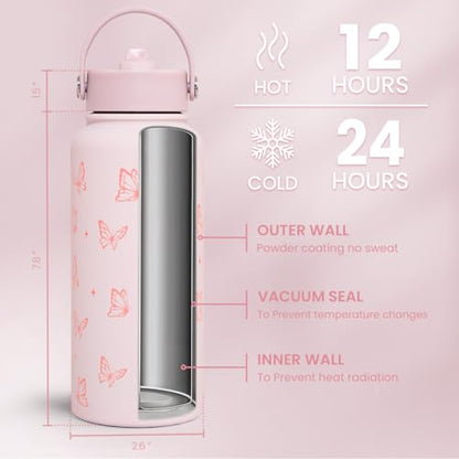 Butterfly Water Bottle Insulated Vacuum Stainless Steel 32oz with Lid, Gifts for Women Girls Teens Birthday Christmas - color: Butterfly
