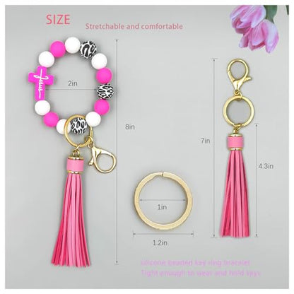SHINYHARBOR Silicone Beaded Wristlet Keychain Bracelet,Key Wrist Keychains for Women Mom Teachers Best Friend - color: Cross-rose Red&white