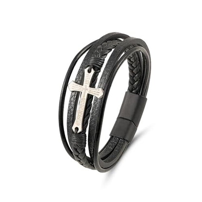 Mens Leather Cross Bracelet Multilayer Braided Wristband Bangle Bracelets with Stainless Steel Buckle Religious Gift for Men Brown/Black/Blue–8.3 inch - color: Style2, size: 8.3in(Fits most wrists)