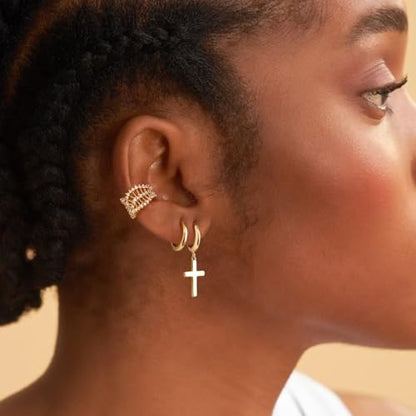 MYEARS Women Earrings Gold Huggie Hoop Dangle Drop 14K Gold Plated Small Simple Hypoallergenic Everyday Jewelry - style: Cross