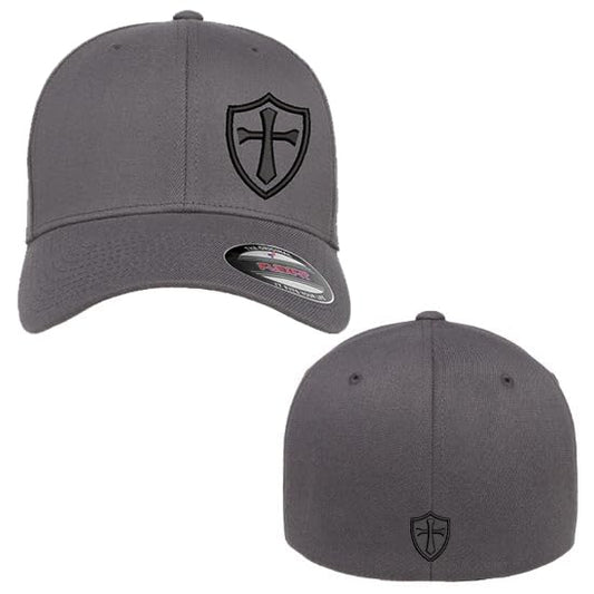 Crusader Cross Military Logo Front and Back Embroidered Fitted Hat Black Grey Navy Red Olive Royal Blue Curved or Flat Brim - color: Grey Curved, size: Small-Medium