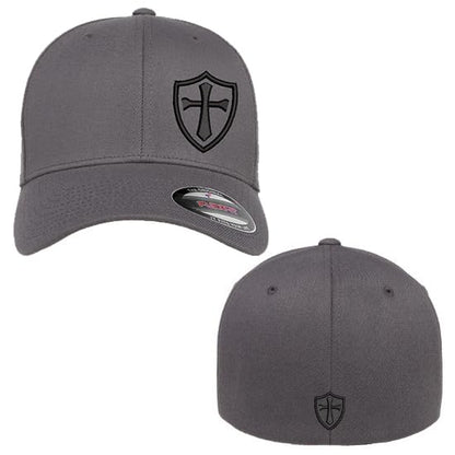 Crusader Cross Military Logo Front and Back Embroidered Fitted Hat Black Grey Navy Red Olive Royal Blue Curved or Flat Brim - color: Black Curved, size: Large-X-Large