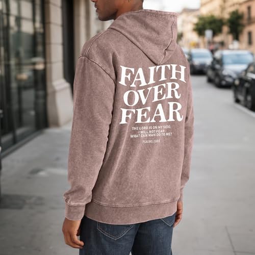 Christian Faith Over Fear Hoodies for Men Jesus Religious Graphic Sweatshirt Bible Verse Acid Wash Pullover Hoodie - color: Brown, size: X-Large