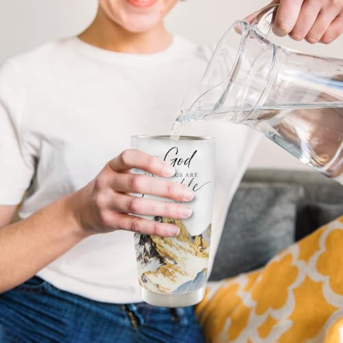 Christian Bible Verse 20oz Travel Coffee Mug Tumbler, Christian Religious Gifts for Women, with God All Things Are Possible Mountain Landscape Stainless Steel Tumbler with Lid and Straw - color: withgod