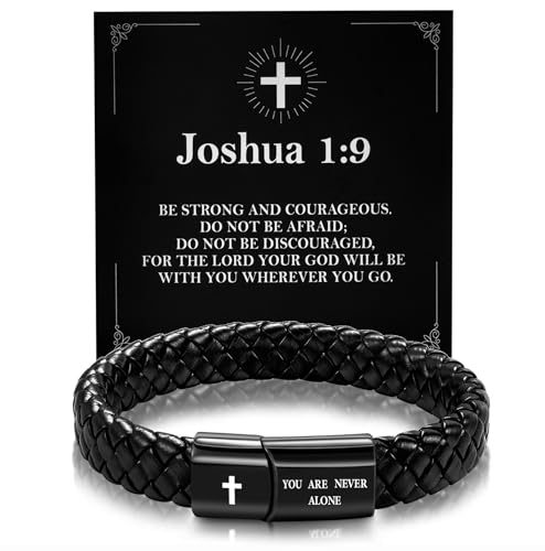 Black Braided Leather Bracelet for Men, Bible Verse Inspirational Christian Religious Bracelet for Man Dad Husband Boyfriend Grandson Son Birthday Baptism Easter Gifts - color: Joshua 1:9