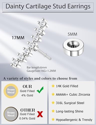 JeryWe Cartilage Earrings for Women Hypoallergenic Helix Piercing Jewelry - color: G:long cz-silver filled