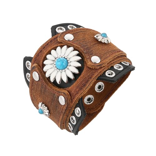 HZMAN Leather Bracelets Retro Men's Leather Cuff Bracelet Adjustable Wide Wristband Bracelet Jewelry Gift - color: Brown - Sunflower