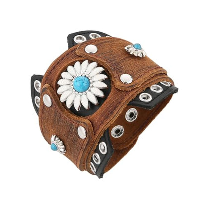 HZMAN Leather Bracelets Retro Men's Leather Cuff Bracelet Adjustable Wide Wristband Bracelet Jewelry Gift - color: Brown - Sunflower
