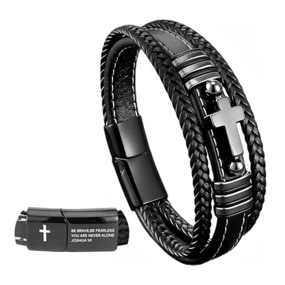 Men's Leather Faith Cross Bracelets, Multi-Layer Braided Leather Wristband Bangle, Jesus Catholic Christian Religious Jewelry Gifts for Dad,Friends,Brother - style: Joshua 1:9