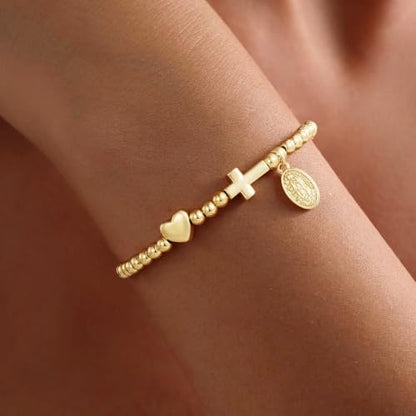 Turandoss Gold Cross Bracelet for Women Heart Beaded Bracelet Faith Jewelry - color: Maria Cross Bracelet