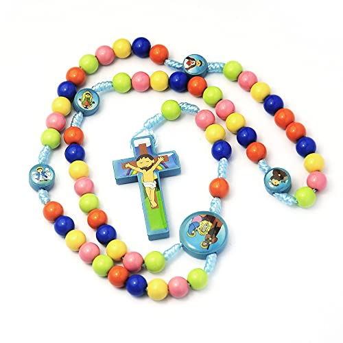 COLORFUL BLING Natural Wooden Catholic Rosaries Wood Crucifix Prayer Beads Pendant Necklace Prayer Jesus Religious Cross Rosary Necklace Handmade Jewelry - color: colorful