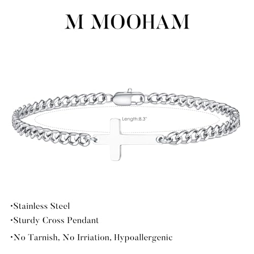 M MOOHAM Cross Bracelet for Men, Silver/14K Gold Plated Mens Bracelet - color: Silver Plated Cuban Chain-8.3Inch