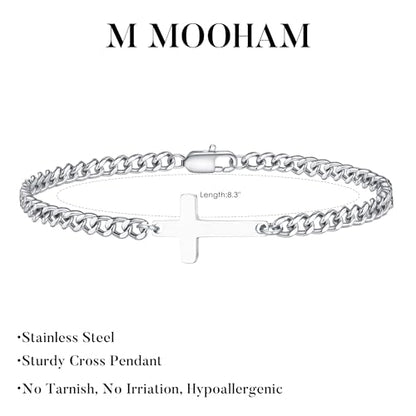 M MOOHAM Cross Bracelet for Men, Silver/14K Gold Plated Mens Bracelet - color: Silver Plated Cuban Chain-8.3Inch