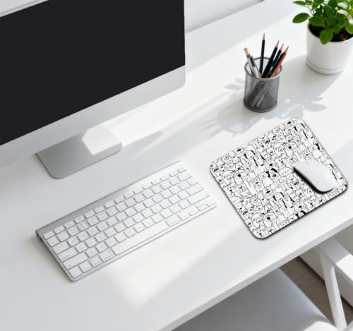 Dogs and Cats Cartoon Inspired Design Mouse Pad, Black and White Desk Mat - color: Black White