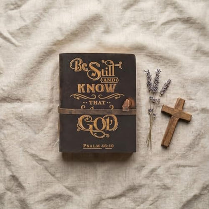 LEATHER VILLAGE Journaling Bible Be Still Verse, Distressed Brown 13x8. - color: Distressed Brown, size: 13 inches X 8 inches