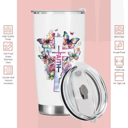 Christian Gifts for Women Sister Tumbler, Inspirational Bible Verse Butterfly Gifts Birthday Christmas, Faith Religious Coffee Mug Stainless Steel Vacuum Insulated Double Wall Travel Cup with Lid - color: Faith Butterfly 1228