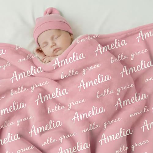 Ships Next Day, Personalized Baby Blanket with Name - Custom Newborn Hospital Swaddle Blanket, Super Soft Plush Flannel Baby Gift for Birth Announcement Shower Easter Gifts for Toddler Kids - color: Pink 2