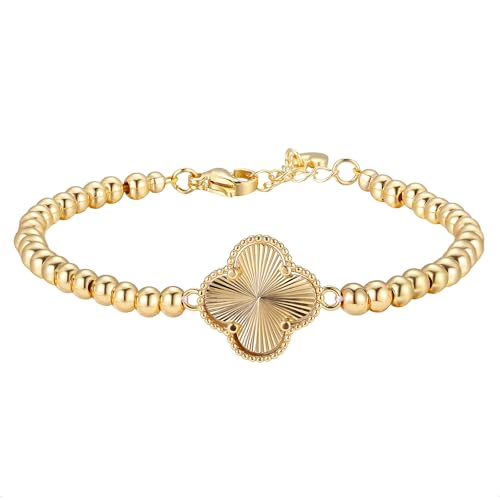 GINAZAL Gold Bead Bracelet for Women, Hypoallergenic Fade-Resistant | Brass | 14K Gold |Cubic Zirconia - color: Clover