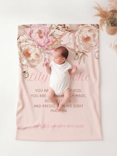 Baptism Blankets For Girls, Dedication Blanket Quilt Personalized With Boho Floral Design, Infant Goddaughter Christening Blanket, Communion Throw From Godmother, Bible Verse Coverlet, Baby Dedicatio - color: #Ver15