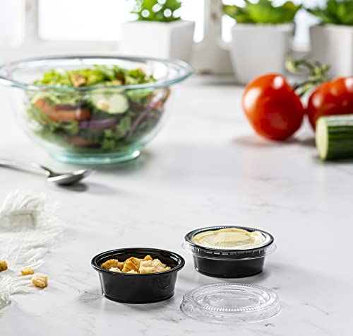 1.5 oz - 100 Sets Black Diposable Plastic Portion Cups With Lids, Small Mini Containers For Portion Controll, Jello Shots, Meal Prep, Sauce Cups, Slime, Condiments Disposable Souffle Cups - color: Black, size: 1.5 Ounce
