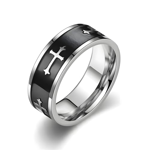 Retro Minimalist Cross Ring 8mm Stainless Steel Black Oxidation Corrosion Ring Anti Tarnish Classic Band Ring Fashion Jewelry for Men Women,Size Available - style: big cross